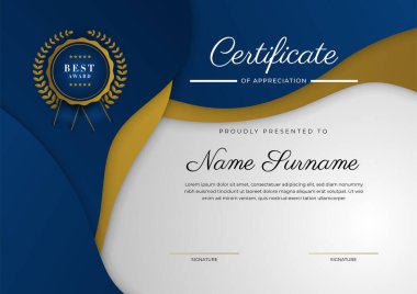 Takdir belgesi, altın ve mavi renk. Altın rozetli temiz modern sertifika. Lüks ve modern sınır şablonu sertifikası. Diploma vektör şablonu