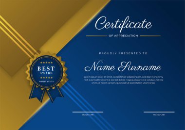 Takdir belgesi, altın ve mavi renk. Altın rozetli temiz modern sertifika. Lüks ve modern sınır şablonu sertifikası. Diploma vektör şablonu