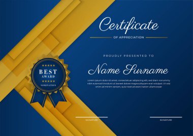 Takdir belgesi, altın ve mavi renk. Altın rozetli temiz modern sertifika. Lüks ve modern sınır şablonu sertifikası. Diploma vektör şablonu