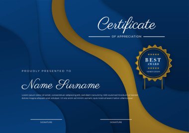 Takdir belgesi, altın ve mavi renk. Altın rozetli temiz modern sertifika. Lüks ve modern sınır şablonu sertifikası. Diploma vektör şablonu