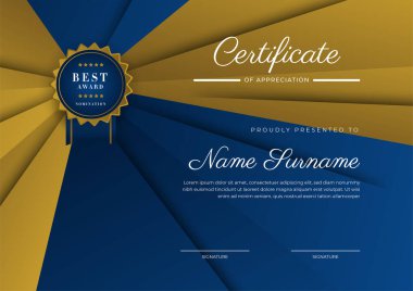 Takdir belgesi, altın ve mavi renk. Altın rozetli temiz modern sertifika. Lüks ve modern sınır şablonu sertifikası. Diploma vektör şablonu