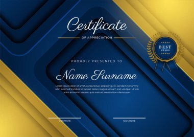 Takdir belgesi, altın ve mavi renk. Altın rozetli temiz modern sertifika. Lüks ve modern sınır şablonu sertifikası. Diploma vektör şablonu
