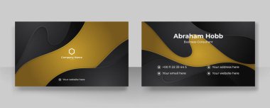 Modern creative and clean business card template. Luxury business card design template. Elegant dark black background with abstract golden shiny wavy lines. Vector illustration