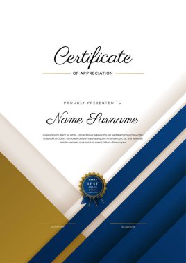 Takdir belgesi, altın ve mavi renk. Altın rozetli temiz modern sertifika. Lüks ve modern sınır şablonu sertifikası. Diploma vektör şablonu