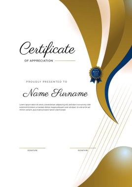 Takdir belgesi, altın ve mavi renk. Altın rozetli temiz modern sertifika. Lüks ve modern sınır şablonu sertifikası. Diploma vektör şablonu