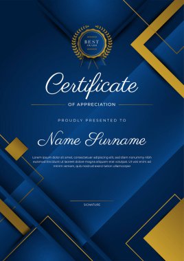 Takdir belgesi, altın ve mavi renk. Altın rozetli temiz modern sertifika. Lüks ve modern sınır şablonu sertifikası. Diploma vektör şablonu