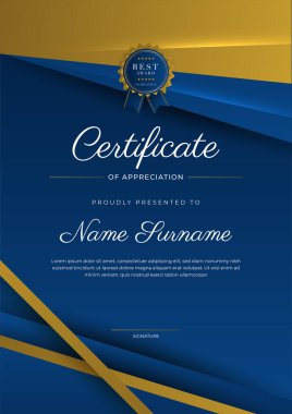 Takdir belgesi, altın ve mavi renk. Altın rozetli temiz modern sertifika. Lüks ve modern sınır şablonu sertifikası. Diploma vektör şablonu