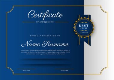 Takdir belgesi, altın ve mavi renk. Altın rozetli temiz modern sertifika. Lüks ve modern sınır şablonu sertifikası. Diploma vektör şablonu