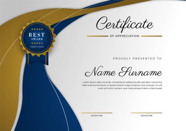 Takdir belgesi, altın ve mavi renk. Altın rozetli temiz modern sertifika. Lüks ve modern sınır şablonu sertifikası. Diploma vektör şablonu