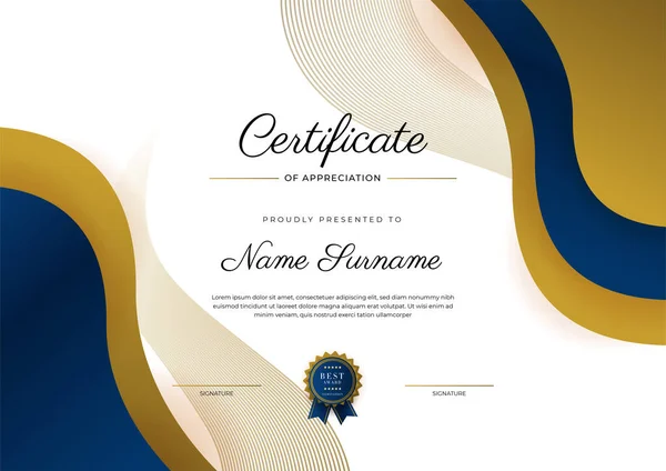 Plantilla Certificado Agradecimiento Oro Color Azul Certificado Moderno Limpio Con — Archivo Imágenes Vectoriales