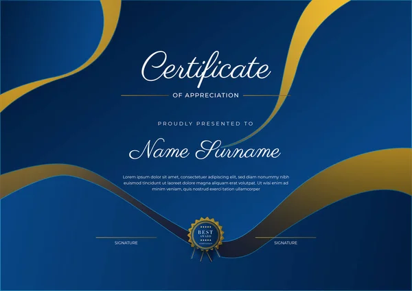 Plantilla Certificado Agradecimiento Oro Color Azul Certificado Moderno Limpio Con — Vector de stock