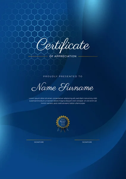 Plantilla Certificado Agradecimiento Oro Color Azul Certificado Moderno Limpio Con — Vector de stock