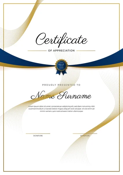 Plantilla Certificado Agradecimiento Oro Color Azul Certificado Moderno Limpio Con — Archivo Imágenes Vectoriales