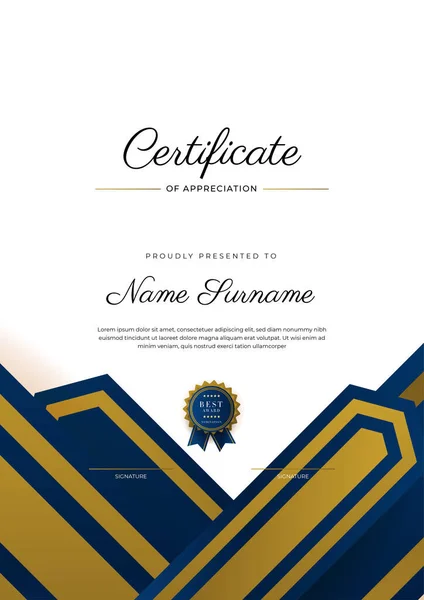 Certificate Appreciation Template Gold Blue Color Clean Modern Certificate Gold — Stock Vector