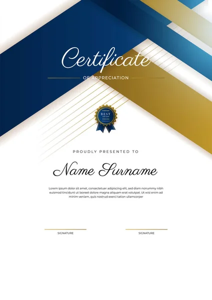 Certificado Modelo Apreciação Ouro Cor Azul Limpar Certificado Moderno Com —  Vetores de Stock