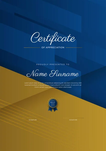 Certificate Appreciation Template Gold Blue Color Clean Modern Certificate Gold — Stock Vector