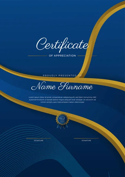 Plantilla Certificado Agradecimiento Oro Color Azul Certificado Moderno Limpio Con — Archivo Imágenes Vectoriales