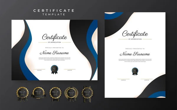 Blue Black Certificate Achievement Template Gold Badge Border — Image vectorielle