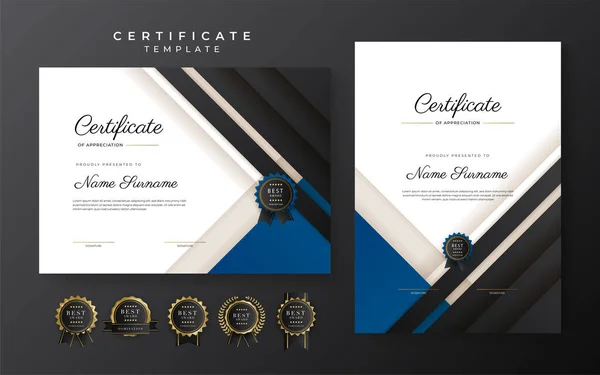 Blue Black Certificate Achievement Template Gold Badge Border — 图库矢量图片