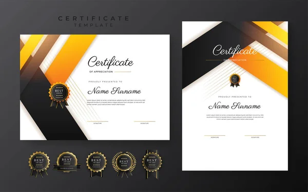 Yellow Black Certificate Achievement Template Gold Badge Border — Stok Vektör