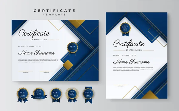 Modelo Certificado Diploma Moderno Elegante Azul Dourado —  Vetores de Stock