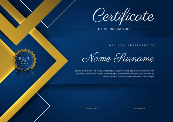 Сертифікат Шаблону Вдячності Золотий Синій Кольори Чистий Сучасний Сертифікат Золотим — стоковий вектор