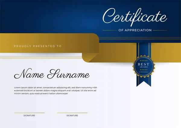 Plantilla Certificado Agradecimiento Oro Color Azul Certificado Moderno Limpio Con — Vector de stock