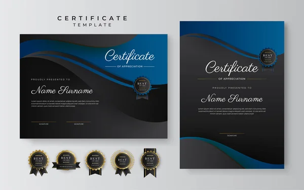 Синьо Чорний Сертифікат Шаблону Досягнень Золотим Значком Рамкою — стоковий вектор