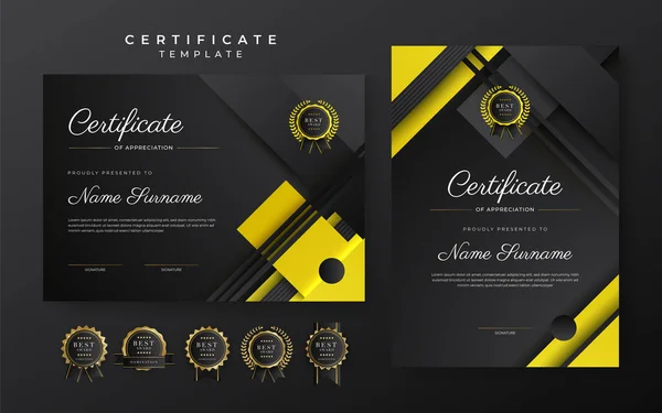 Yellow Black Certificate Achievement Template Gold Badge Border — Stockvector