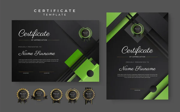 Зелений Чорний Сертифікат Шаблону Досягнень Золотим Значком Кордоном — стоковий вектор