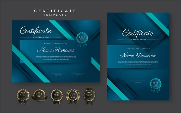 Blue Certificate Achievement Template Gold Badge Border — Stockvektor