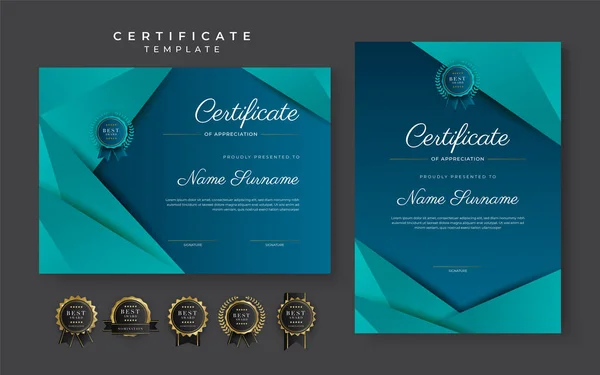 Синій Сертифікат Шаблону Досягнень Золотим Значком Рамкою — стоковий вектор