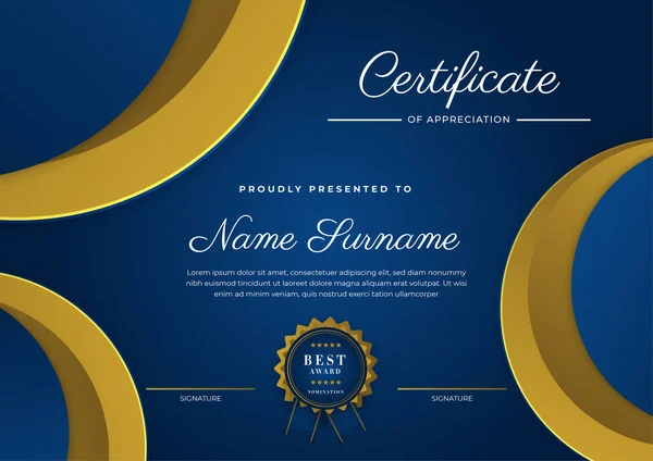 Certificado Modelo Apreciação Ouro Cor Azul Limpar Certificado Moderno Com — Vetor de Stock