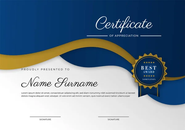 Plantilla Certificado Agradecimiento Oro Color Azul Certificado Moderno Limpio Con — Vector de stock