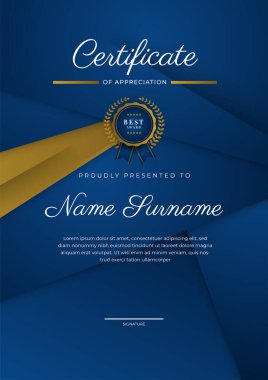 Takdir belgesi, altın ve mavi renk. Altın rozetli temiz modern sertifika. Lüks ve modern sınır şablonu sertifikası. Diploma vektör şablonu