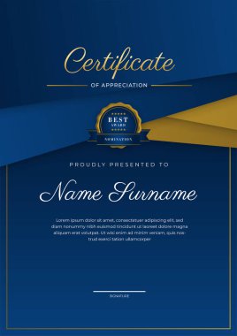 Takdir belgesi, altın ve mavi renk. Altın rozetli temiz modern sertifika. Lüks ve modern sınır şablonu sertifikası. Diploma vektör şablonu