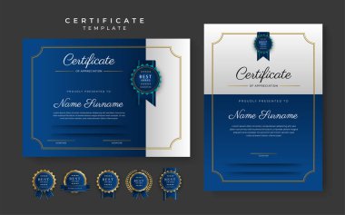 Blue and black certificate of achievement template with gold badge and border