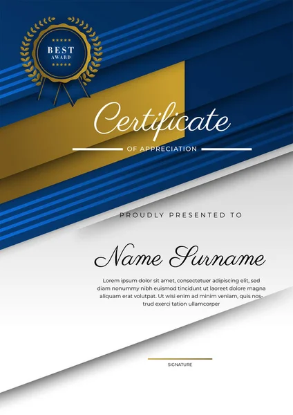 Modello Certificato Apprezzamento Colore Oro Blu Certificato Moderno Pulito Con — Vettoriale Stock