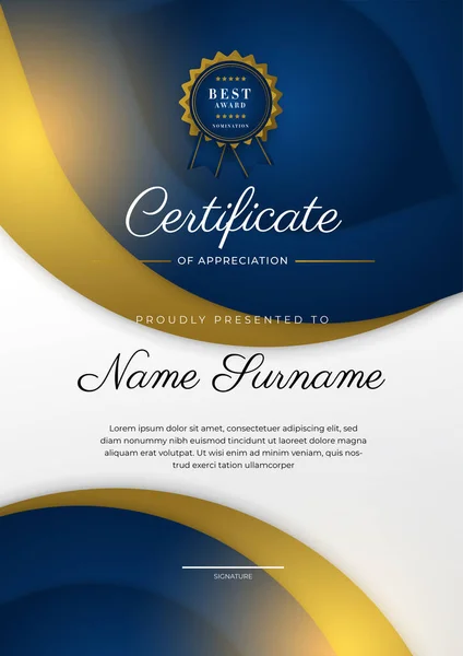 Plantilla Certificado Agradecimiento Oro Color Azul Certificado Moderno Limpio Con — Archivo Imágenes Vectoriales