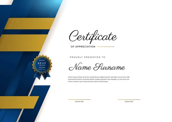 Plantilla Certificado Agradecimiento Oro Color Azul Certificado Moderno Limpio Con — Vector de stock