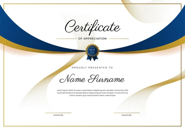 Plantilla Certificado Agradecimiento Oro Color Azul Certificado Moderno Limpio Con — Vector de stock