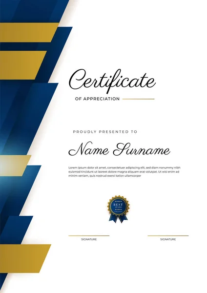 Modello Certificato Apprezzamento Colore Oro Blu Certificato Moderno Pulito Con — Vettoriale Stock