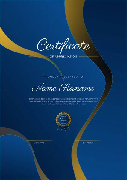 Plantilla Certificado Agradecimiento Oro Color Azul Certificado Moderno Limpio Con — Archivo Imágenes Vectoriales