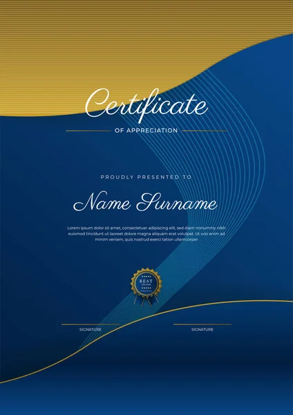 鉴赏证书模板 金色和蓝色 用金色徽章清洁现代证书 具有豪华和现代行程图的证书边界模板 文凭矢量模板 — 图库矢量图片