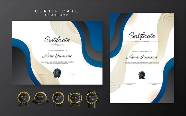 Blue Black Certificate Achievement Template Gold Badge Border — 图库矢量图片