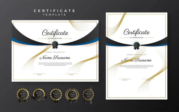 Синий Черный Сертификат Достижения Шаблон Золотым Значком Границы — стоковый вектор