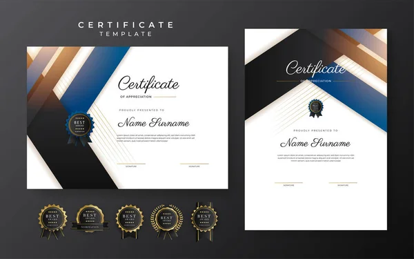 Blue Black Certificate Achievement Template Gold Badge Border - Stok Vektor