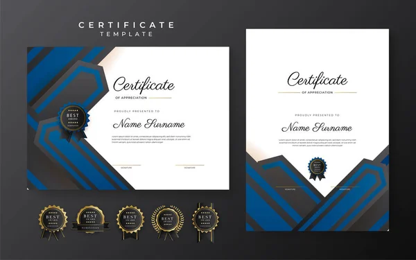 Blue Black Certificate Achievement Template Gold Badge Border — 图库矢量图片