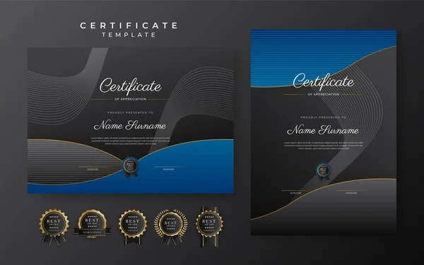 Blue Black Certificate Achievement Template Gold Badge Border — Image vectorielle