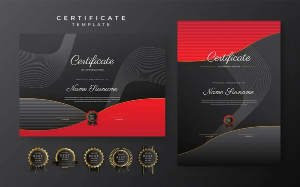 Red Black Certificate Achievement Template Gold Badge Border — Image vectorielle